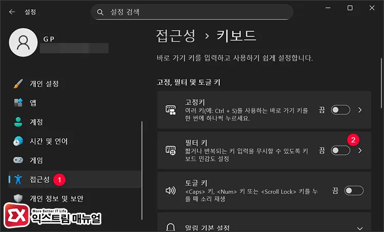 disable windows filter keys accessibility setting 윈도우11 접근성 키보드 설정에서 필터 키 비활성화