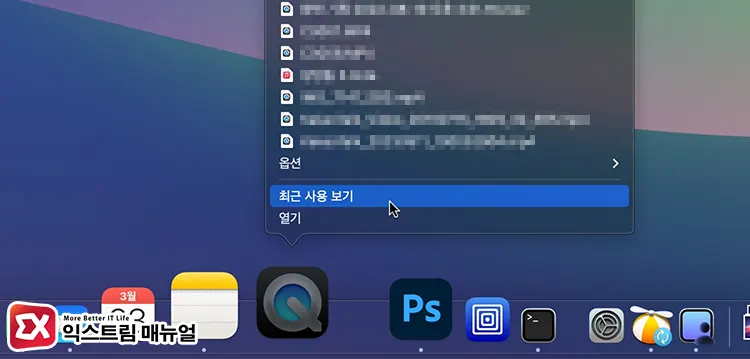 Quicktime Player 최근 사용 기록 화면