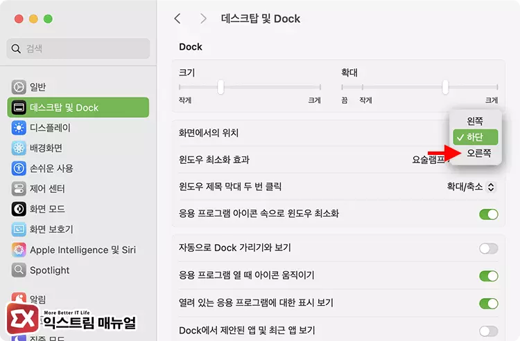 데스크탑 및 Dock 설정에서 Dock 위치 좌우로 고정