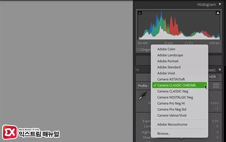 라이트룸 사진 카메라 프로필 선택 화면
