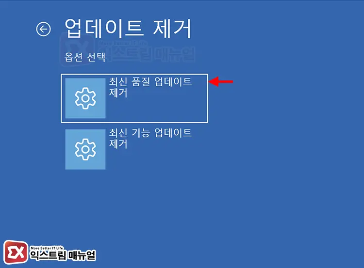 Resolve black screen by removing latest quality update from Windows 11 recovery option 2 - 윈도우11 업데이트 후 블랙스크린에 마우스만 보일 때 해결 방법