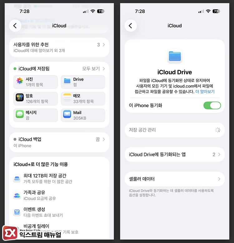 iCloud Drive 동기화 및 용량 확인