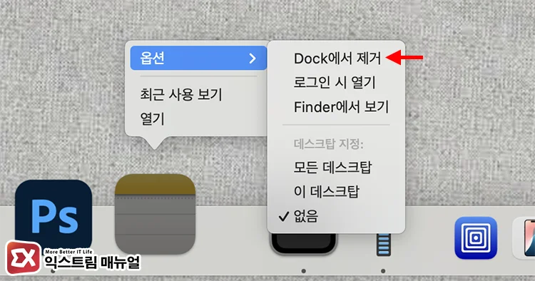 Dock에서 제거 옵션