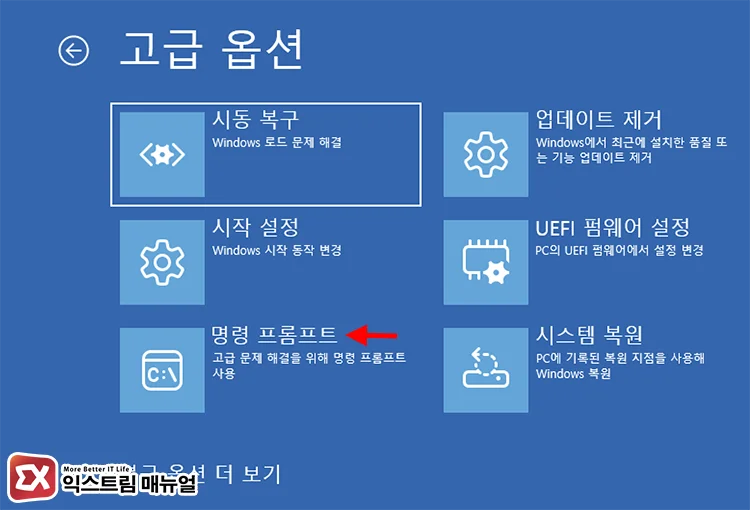 Fix PIN error 0xd0000225 by resetting the NGC folder 3 고급 옵션에서 명령 프롬프트 실행