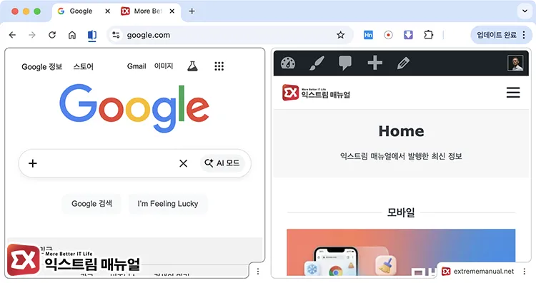 chrome split view active screen 크롬 분할 뷰 활성 상태 화면 좌우 두 탭 나란히 표시