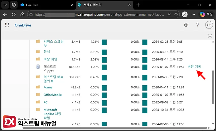 delete onedrive file version history 저장소 메트릭 버전 기록 열기