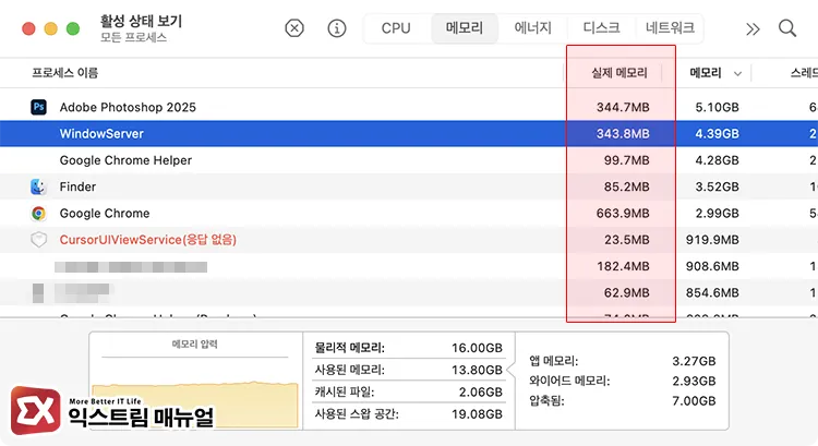 causes of high memory usage by windowserver on macos 활성 상태 보기에서 실제 메모리 탭을 추가해서 WindowServer 프로세스의 사용량 확인