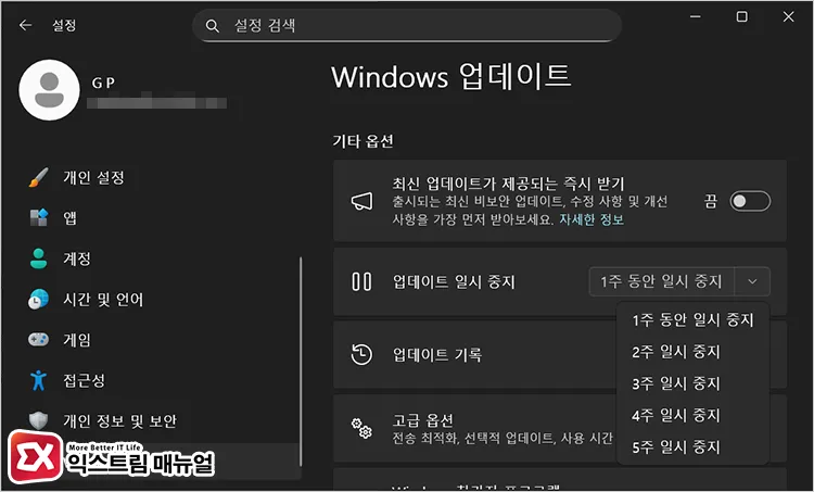 pausing windows update settings 윈도우 업데이트 일시 중지 설정
