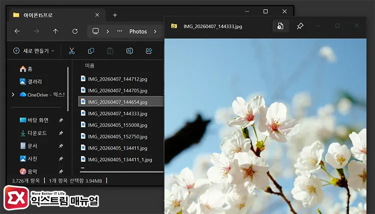 powertoys preview features guide overview 윈도우11 파일 탐색기에서 이미지 파일 선택 후 PowerToys Peek 스페이스바 미리보기 팝업 창