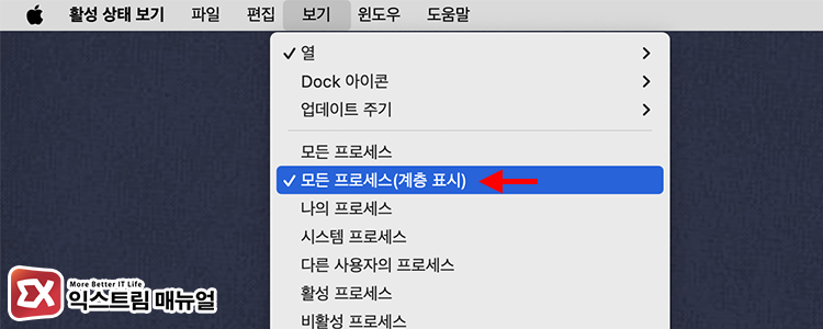 opening all processes hierarchically in macos activity monitor view options 활성 상태 보기 실행 후 보기 옵션에서 모든 프로세스(계층 표시) 선택