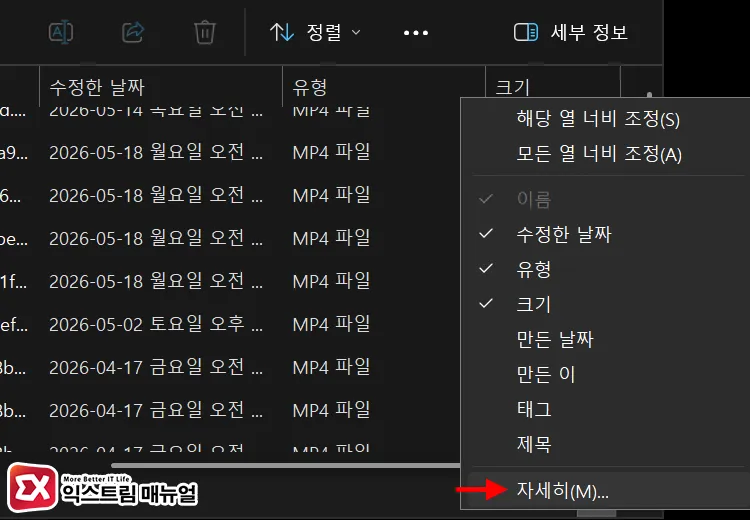 opening folder with video files and switching view layout to details 동영상 폴더에서 머리글을 우클릭 후 자세히(M) 열기
