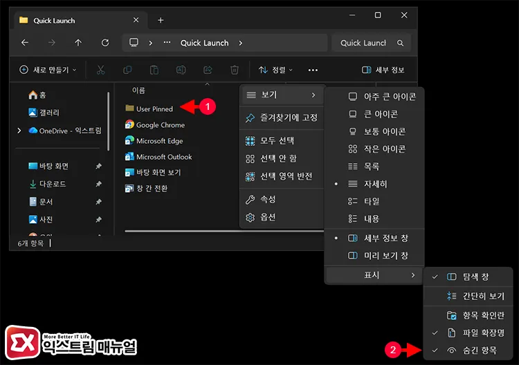 restoring pin cache by resetting taskbar folder 탐색기 보기 표시에서 숨긴 항목 활성화 후 경로로 이동