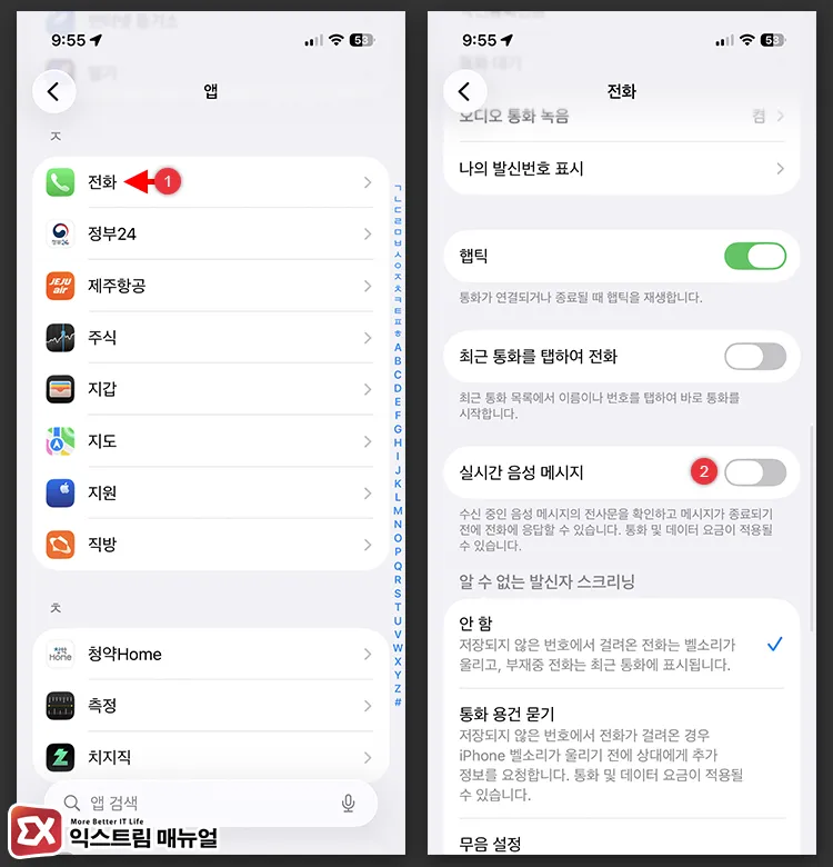how to turn off live voicemail on iphone settings 아이폰 앱 설정에서 전화 선택 후 실시간 음성 메시지 토글 끄기