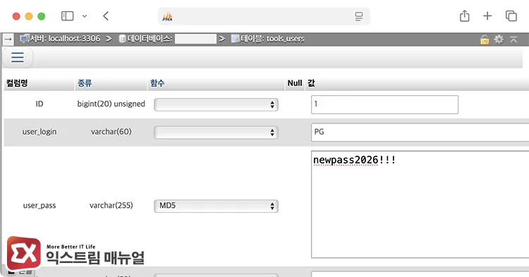 resetting wordpress password after selecting administrator account in wp users table in phpmyadmin phpMyAdmin에서 wp_users 테이블의 관리자 계정 선택 후 user_pass 값에 새 워드프레스 비밀번호 입력, MD5 함수 선택 후 저장