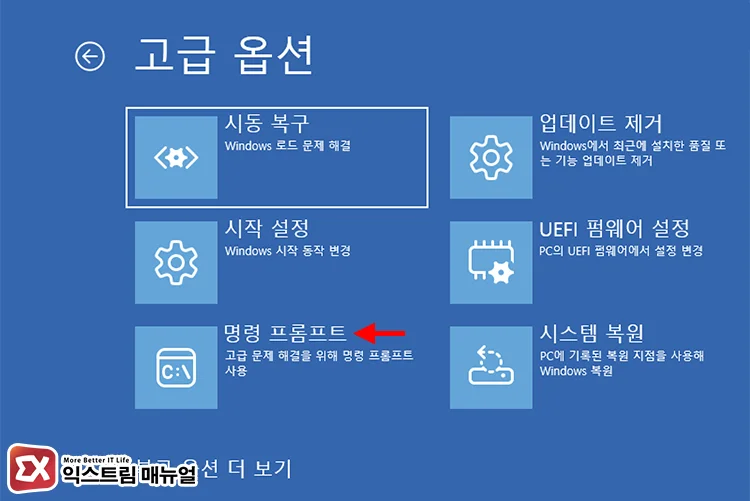 running command prompt after selecting advanced options in windows 11 automatic repair 윈도우11 자동 복구 화면에서 고급 옵션 선택 후 명령 프롬프트 실행하기