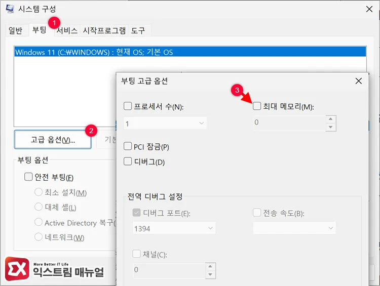 disabling maximum memory setting in advanced options of system configuration 시스템 구성의 고급 옵션에서 최대 메모리 설정 해제