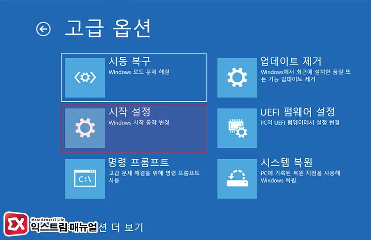 entering startup settings from advanced options in winre WinRE 복구 화면 고급 옵션에서 시작 설정 진입하기