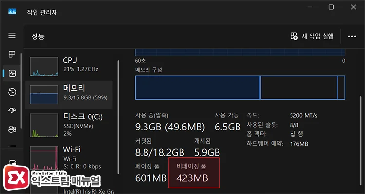 checking non paged pool in task manager memory tab 작업 관리자 메모리 탭에서 비페이징 풀 확인하기